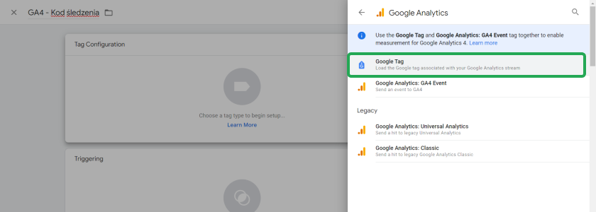 Zrzut ekranu z narzędzia Google Tag Manager
