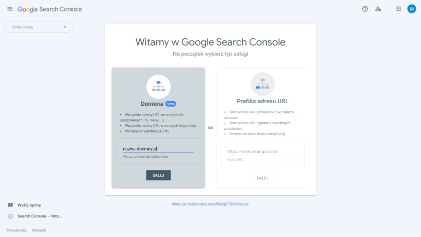 Proces dodawania strony do Google Search Console